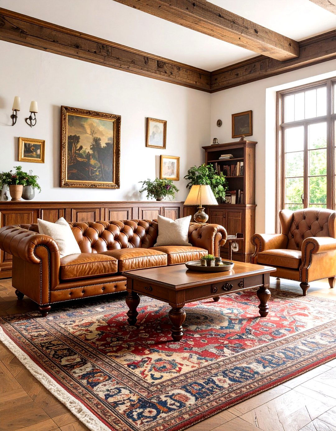 English Manor Living Room with Dark Woods and Leather Furniture - 24 Cozy Living Room Ideas