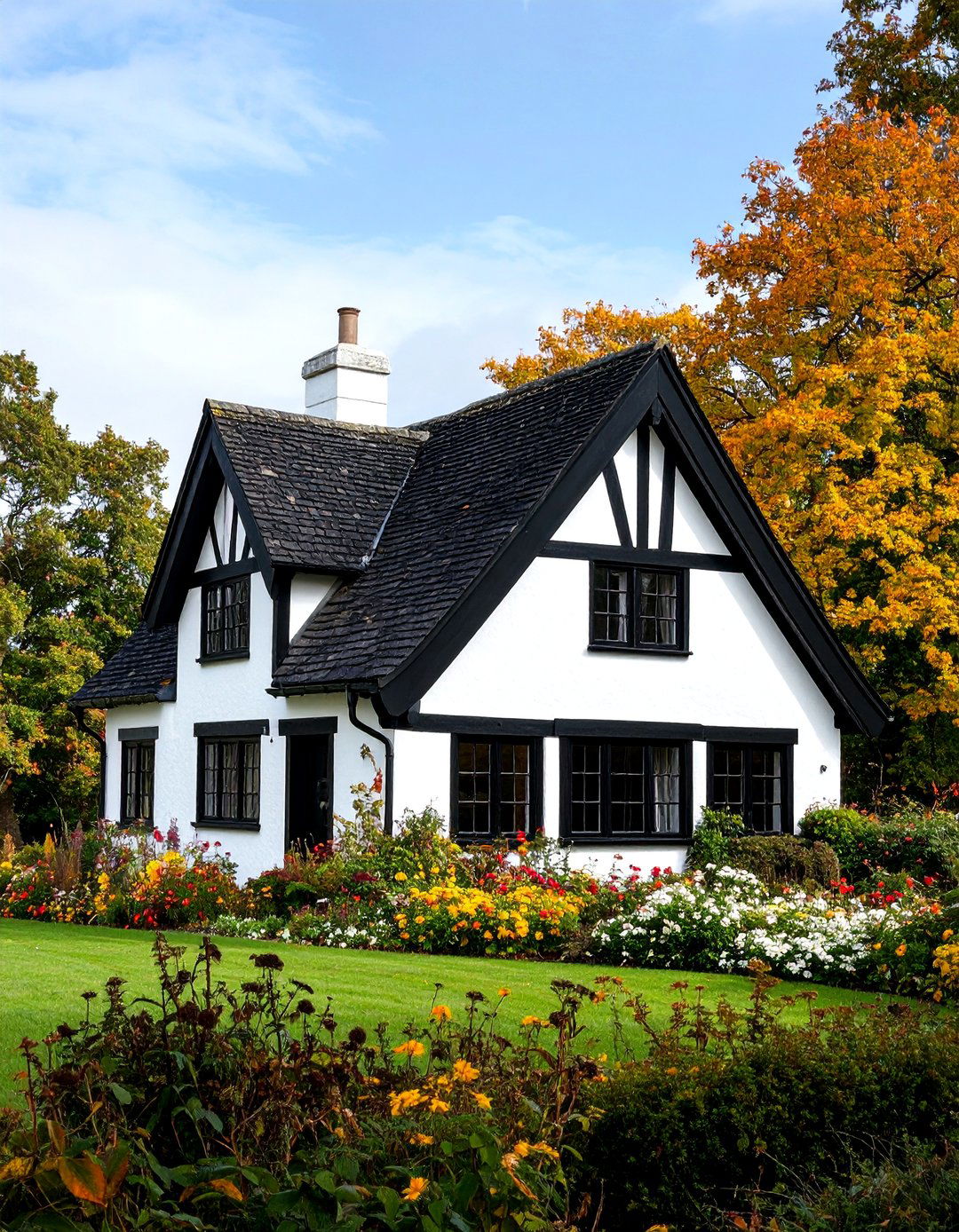 English Tudor Revival White Stucco with Black Timber Framing - 24 Black and White House Exterior Ideas