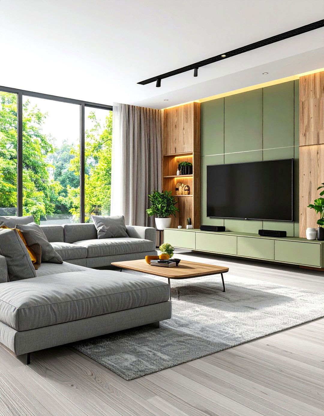 Entertainment Center Focus - 24 Grey and Sage Green Living Room Ideas