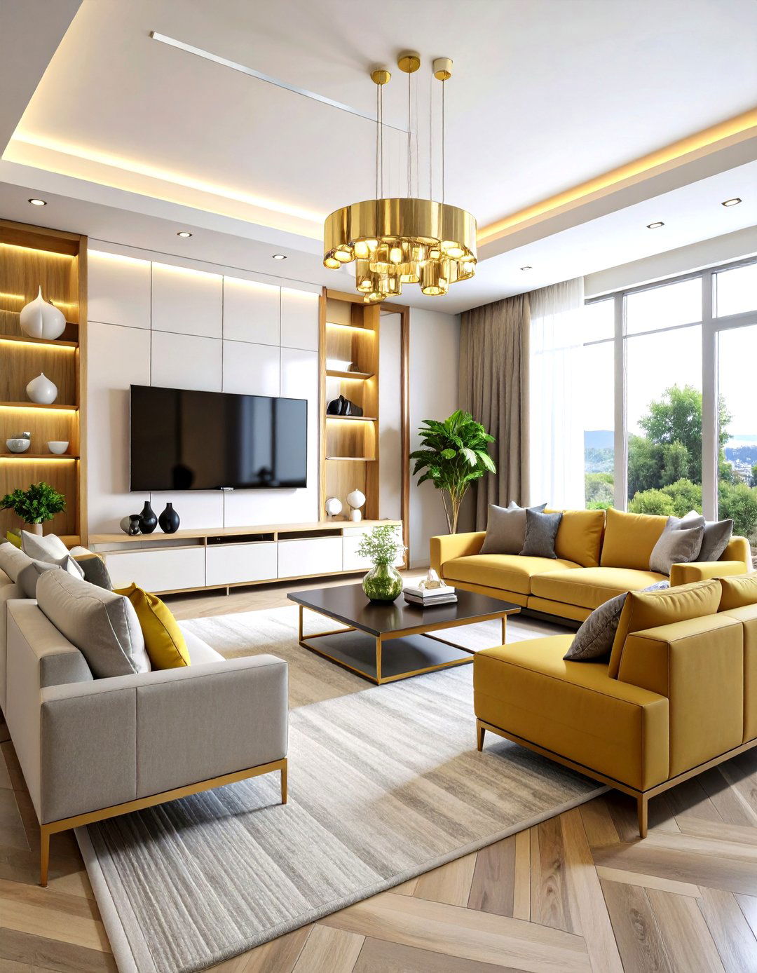 Entertainment Centered White Gold Living Room - 24 White and Gold Living Room Ideas