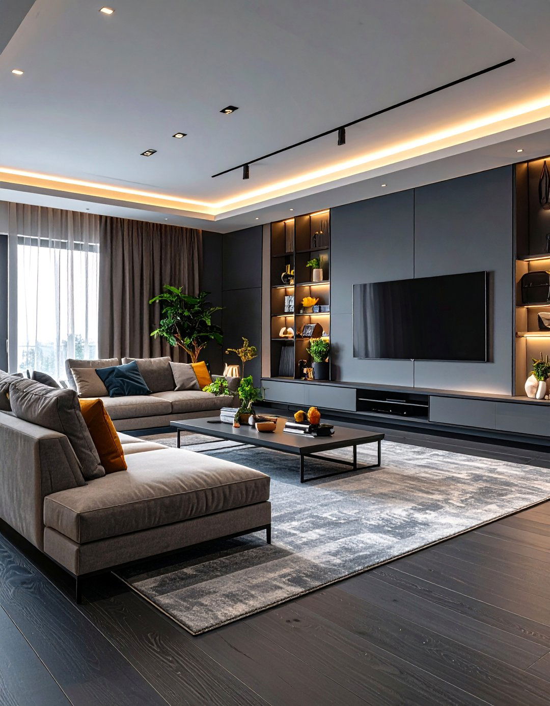 Entertainment Focused Grey Living Room Setup - 24 Grey Living Room With Dark Wood Floors