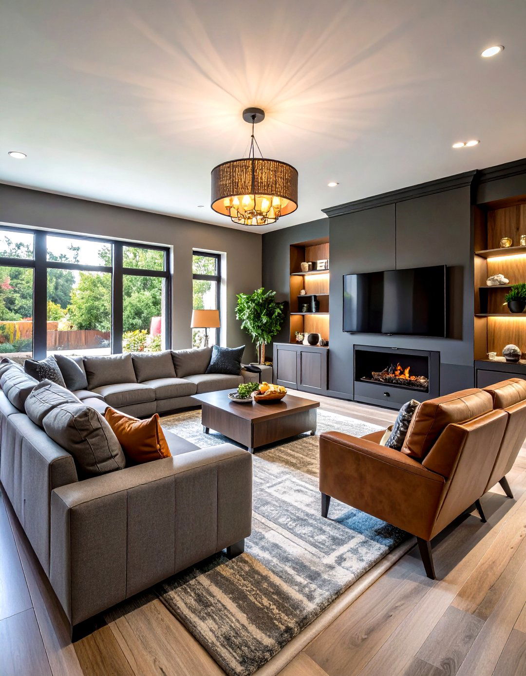 Entertainment Focused Living Space - 24 Living Room With Grey Walls and Black Trim