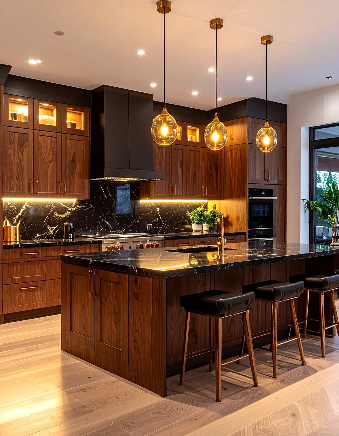Espresso Brown Kitchen Cabinets with Black Quartz Surfaces - 24 Brown Kitchen Cabinets With Black Countertops