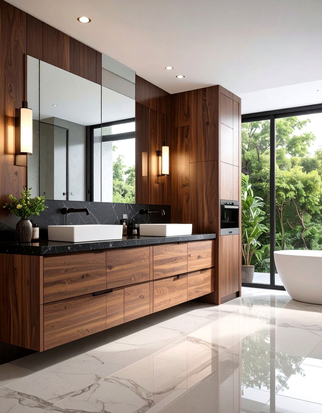 Espresso Cabinets with Black Quartz Countertops - 24 Black and Wood Bathroom Ideas