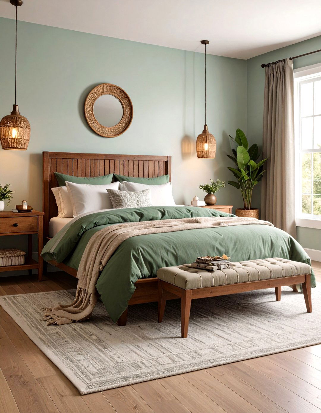 Eucalyptus Green Bedding with Antique Brown Furniture Pieces - 24 Green and Brown Bedroom Ideas