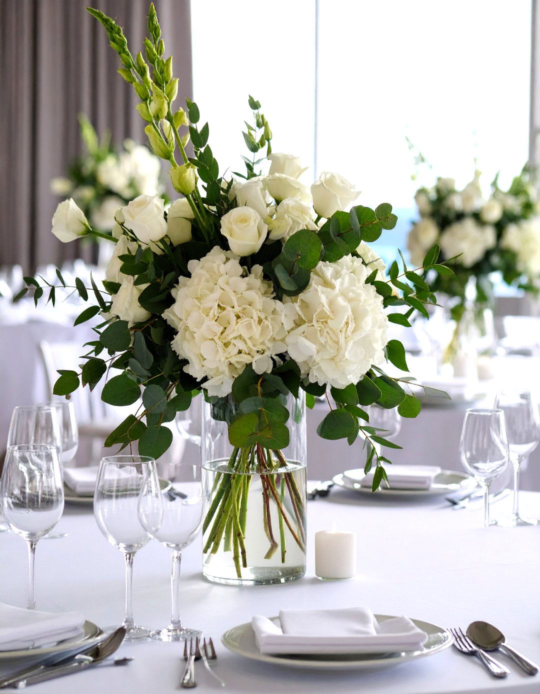 Eucalyptus and White Hydrangea Towers - 24 Tall Wedding Centerpiece Ideas