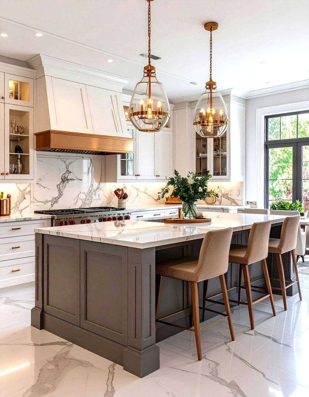 European Inspired White Kitchen With Pewter Grey Island - 24 White Kitchen Cabinets With Grey Island Ideas
