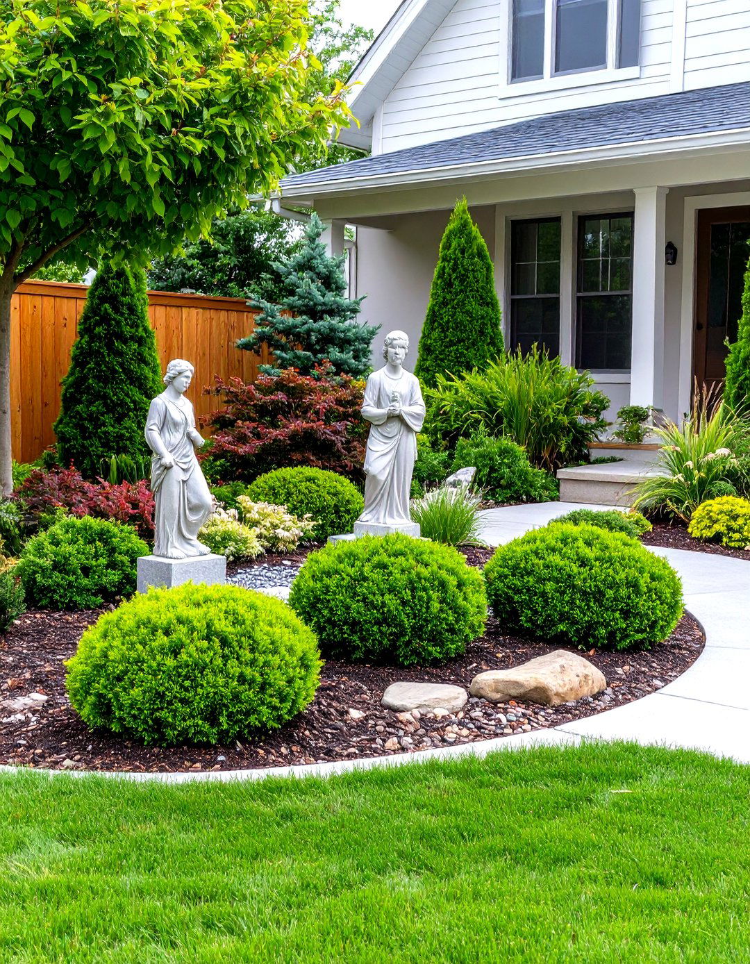 Evergreen Sculpture Garden Integration - 24 Front Yard Evergreen Landscaping Ideas