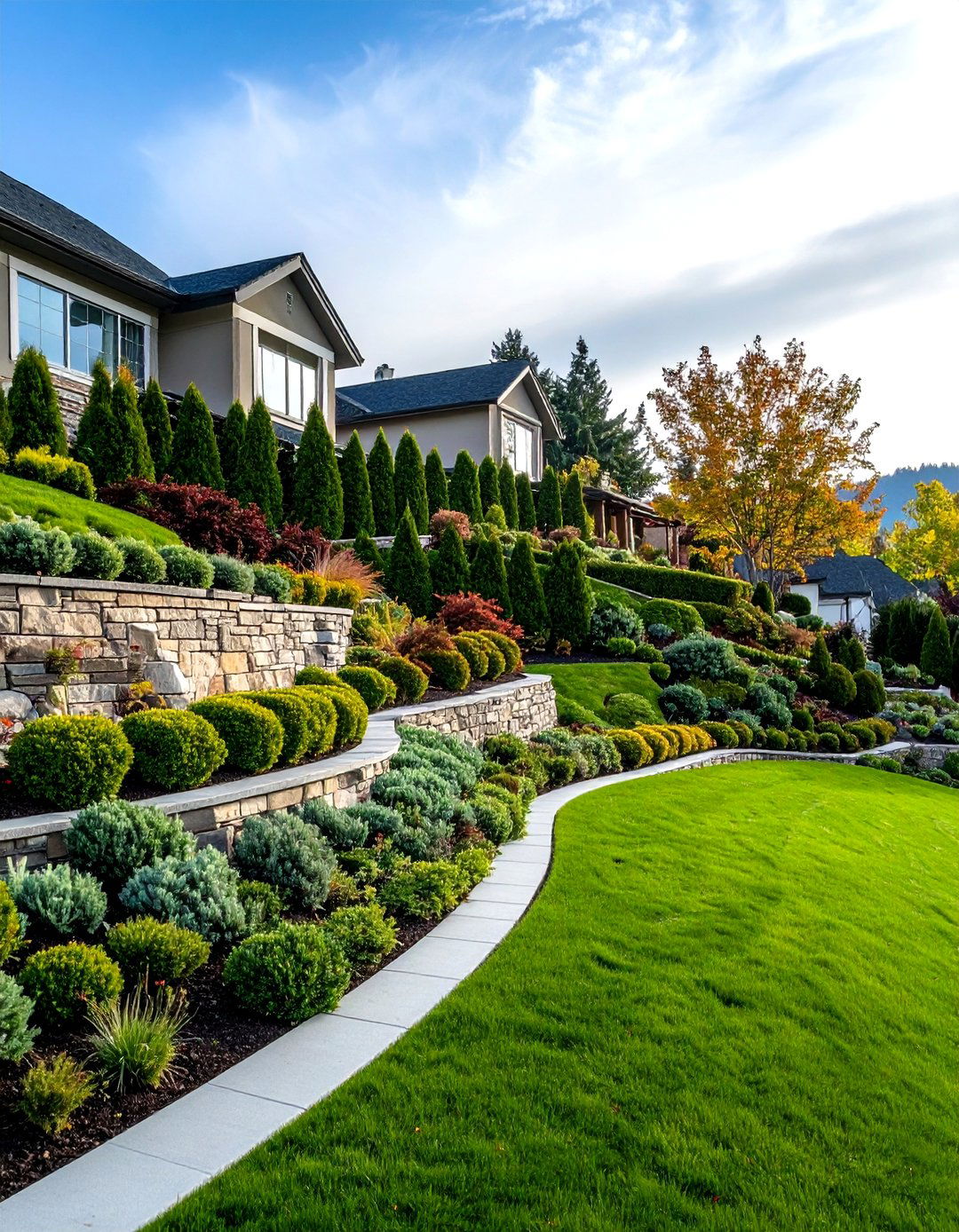 Evergreen Slopes and Terracing - 24 Front Yard Evergreen Landscaping Ideas