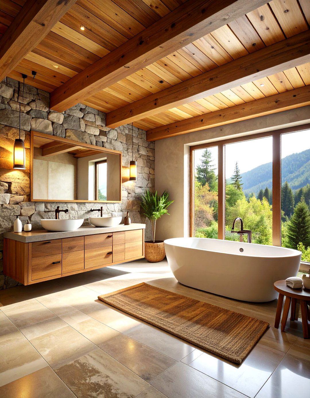 Exposed Beam Bathroom with Natural Stone Accents - 24 Mid-century Modern Bathroom Ideas