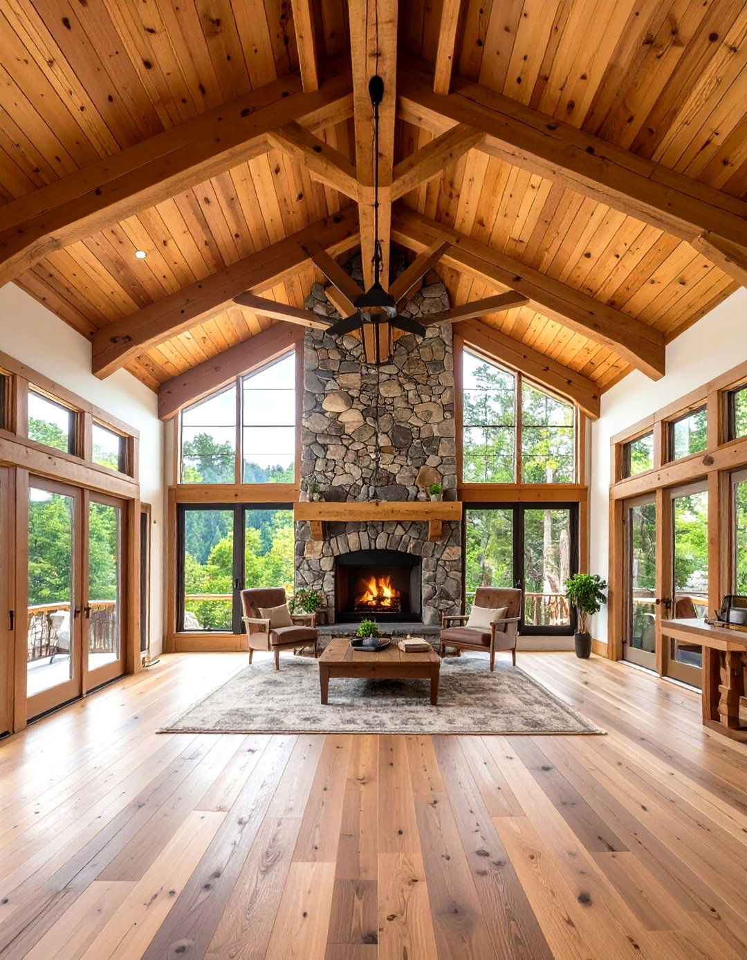 Exposed Beam Ceiling with Central Stone Fireplace - 24 French Country Fireplace Ideas
