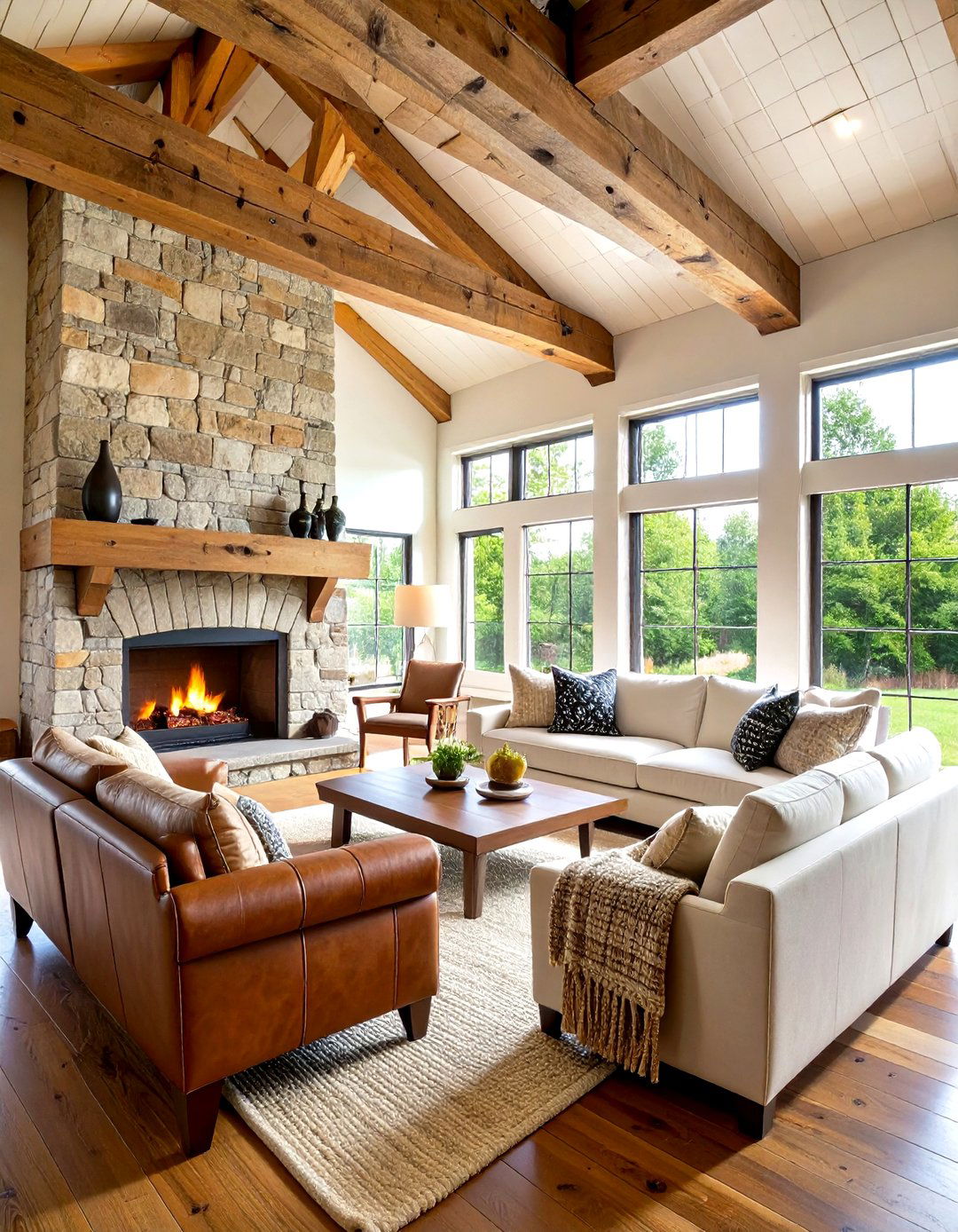 Exposed Beam Living Room with Stone Fireplace - 24 Rustic Barndominium Interior Design Ideas