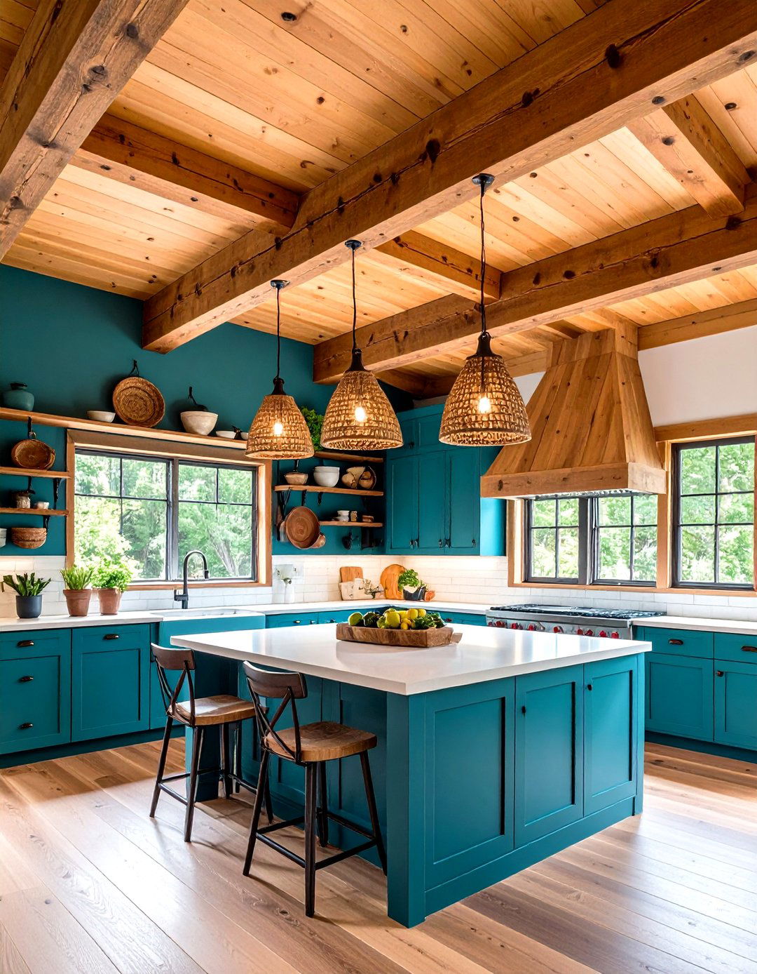 Exposed Ceiling Beams with Hanging Storage - 24 One Room Cabin Interior Design Ideas