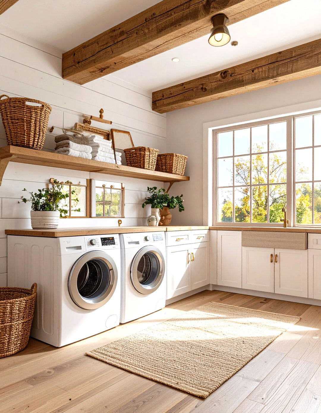 Exposed Wood Beam Laundry Room