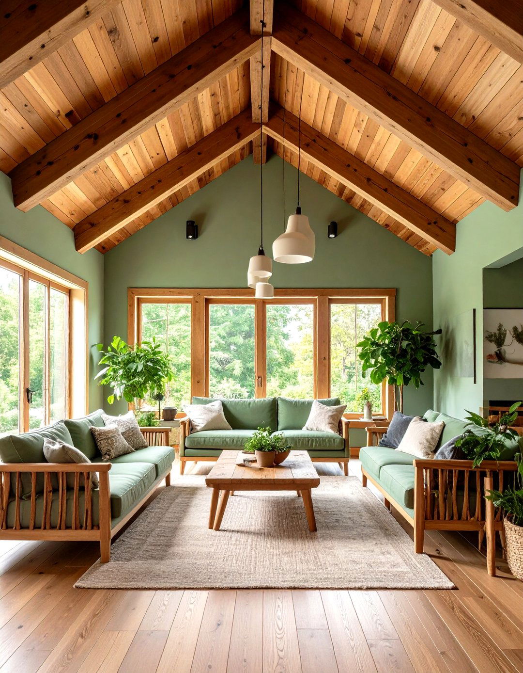 Exposed Wooden Beam Ceilings with Sage Green Walls - 24 Rustic Sage Green Living Room Ideas