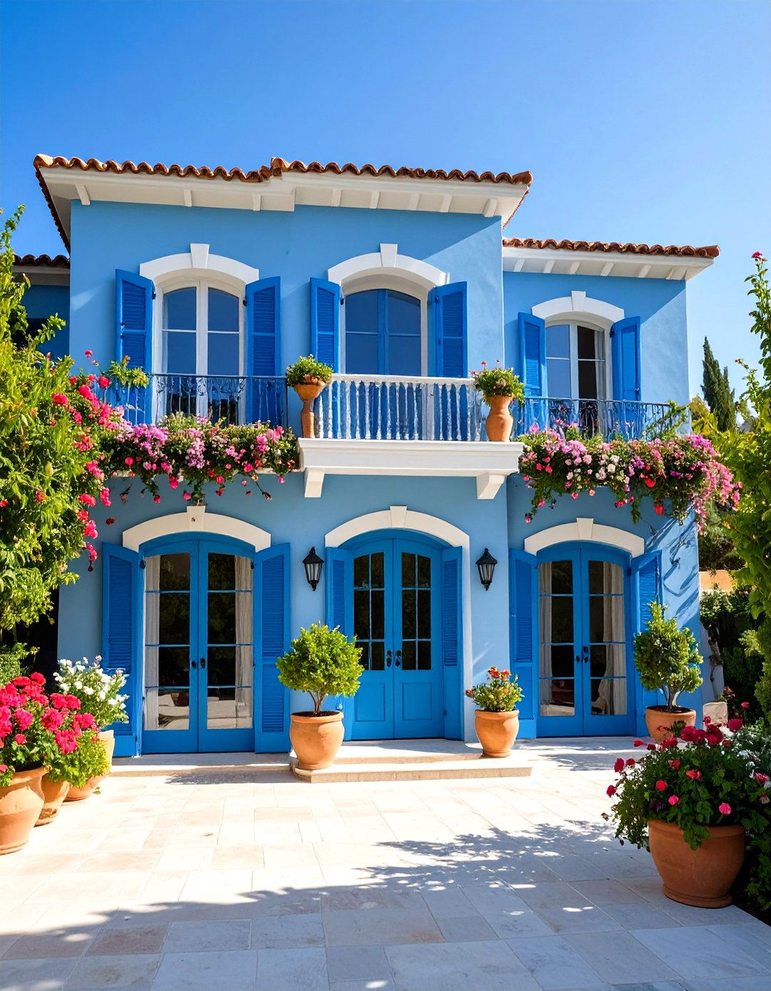 Extensive Window Design with French Door Access - 24 Mediterranean House Exterior Ideas