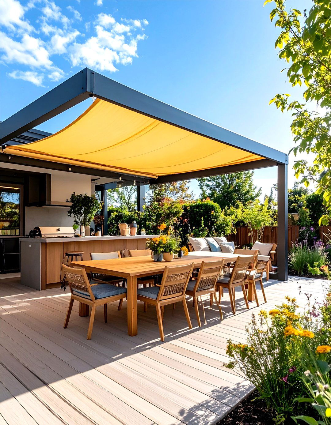 Fabric Pergola with Retractable Canopy - 24 Outdoor Kitchen Roof Ideas