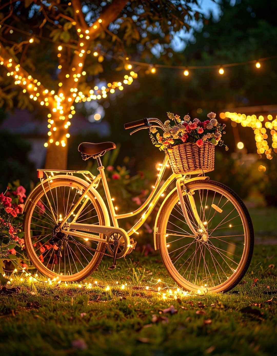 Fairy Light Bicycle Evening Display - 24 Old Bicycle Garden Ideas