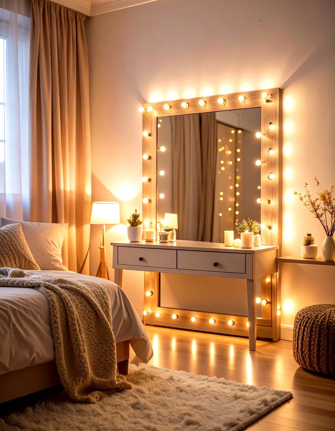 Fairy Lights Around Mirror - 24 Small Bedroom Lighting Ideas