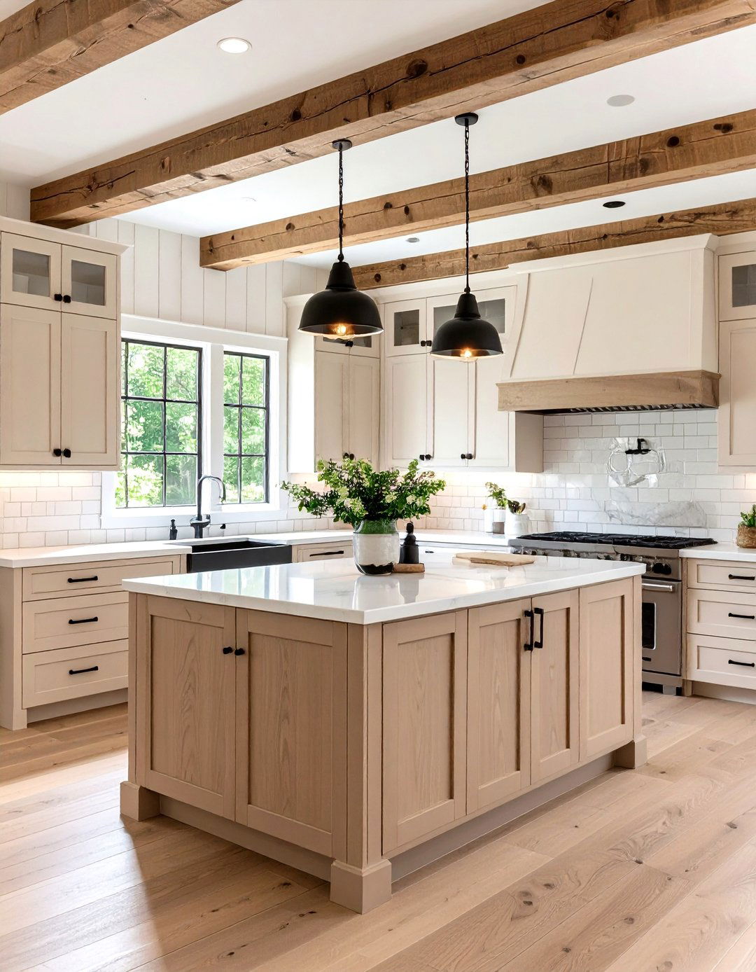Farmhouse Beige Shaker with Black Hardware - 24 black and beige kitchen ideas
