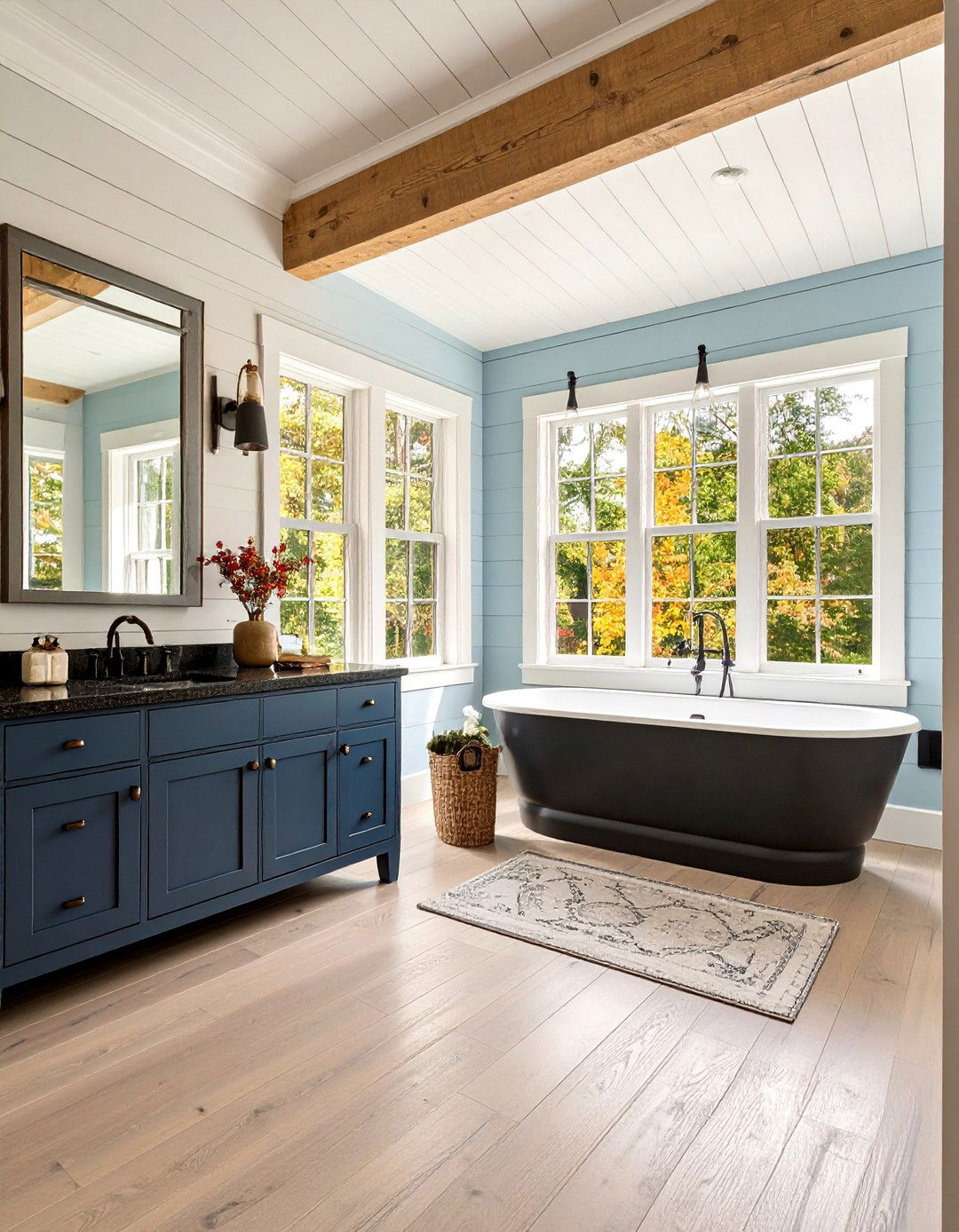 Farmhouse Black Granite with Shiplap Walls - 24 bathroom with black countertops ideas