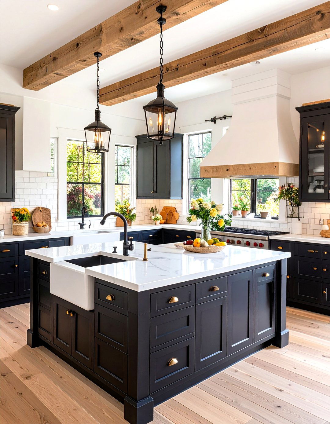Farmhouse Black Shaker Cabinets with White Marble Countertops - 24 Black Kitchen Cabinets With White Countertops