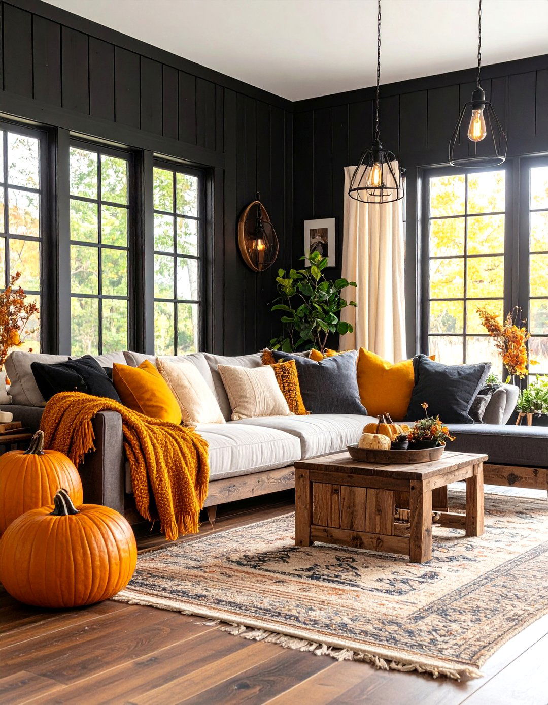 Farmhouse Black Shiplap and Pumpkin Spice Living Room - 24 Black and Orange Living Room Ideas