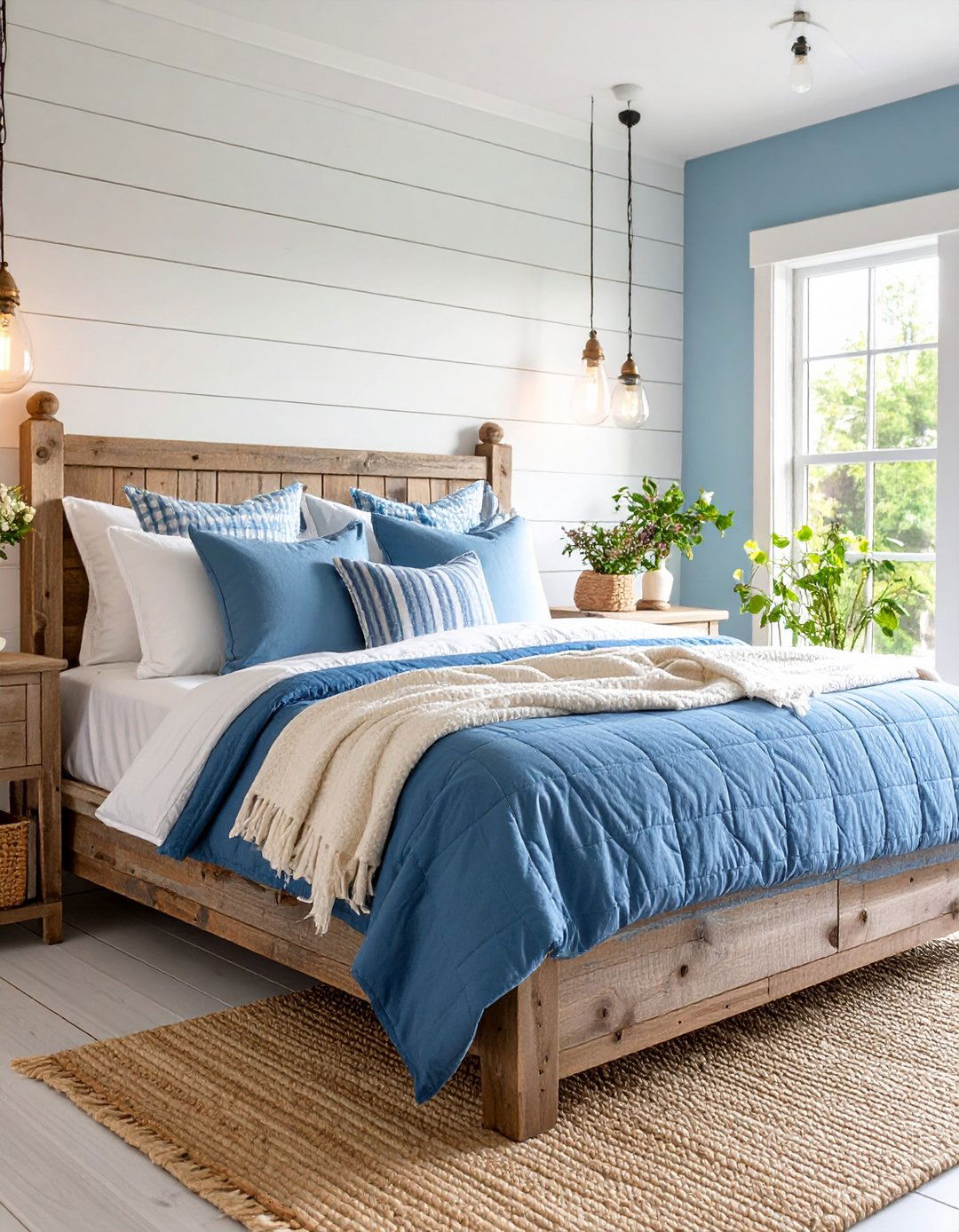 Farmhouse Blue and White Shiplap Bedroom - 24 Blue and White Bedroom Ideas