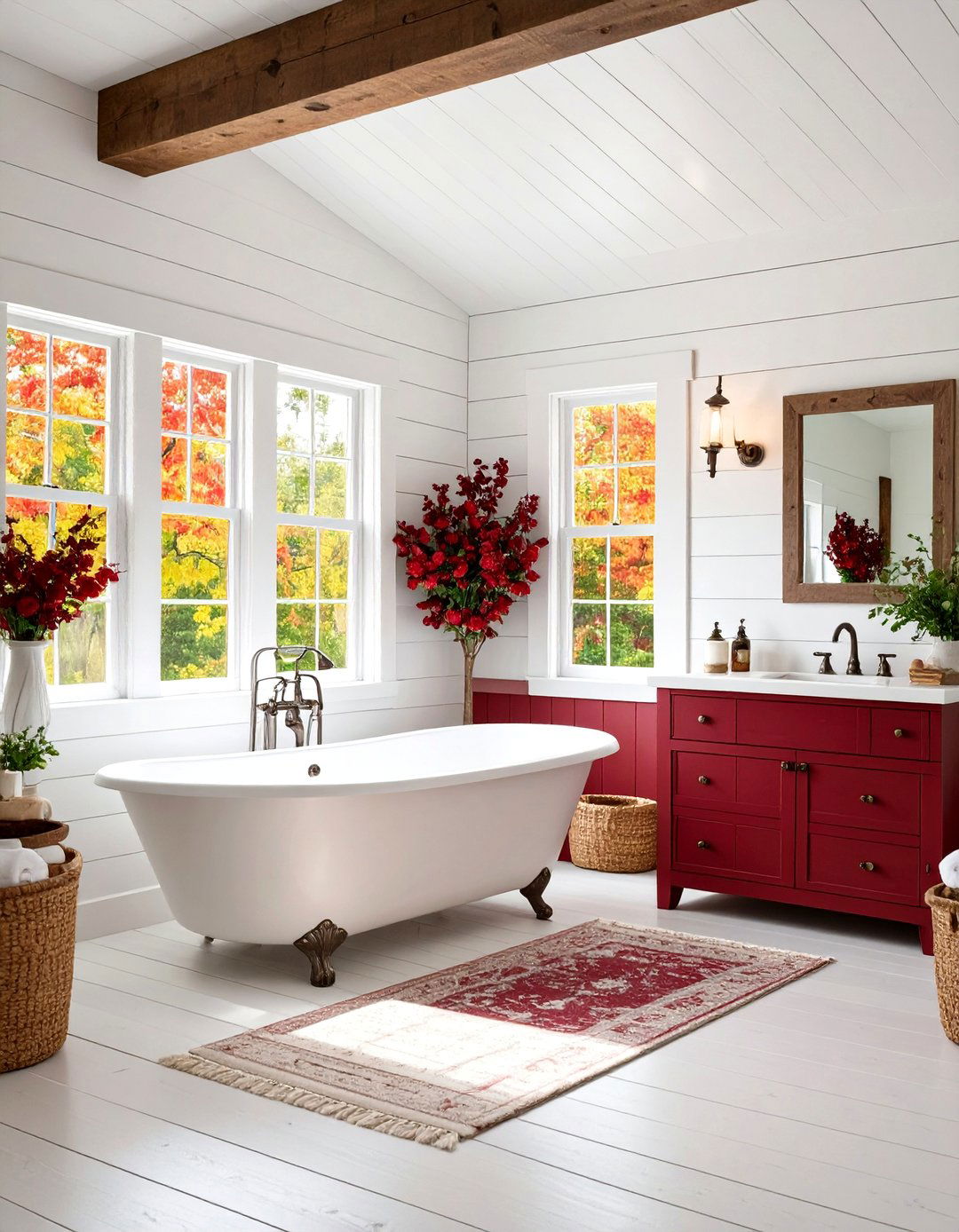Farmhouse Burgundy Bathroom with Shiplap - 24 Burgundy Bathroom Ideas