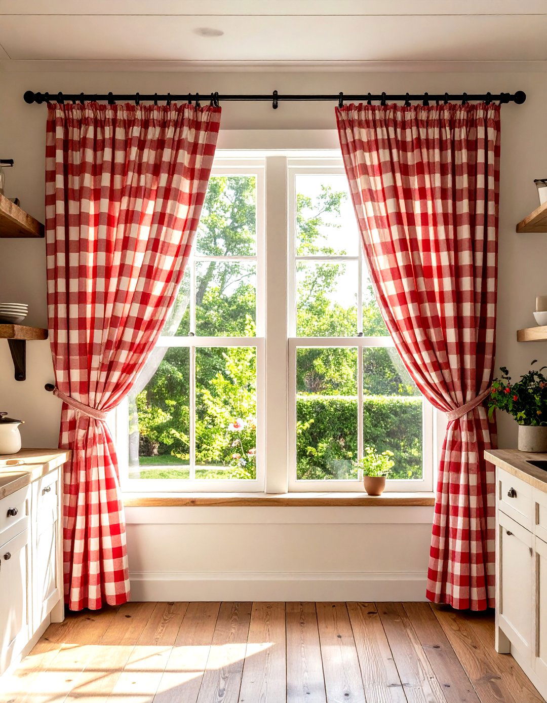 Farmhouse Cafe Curtains with Gingham Pattern - 24 Kitchen Curtain Ideas