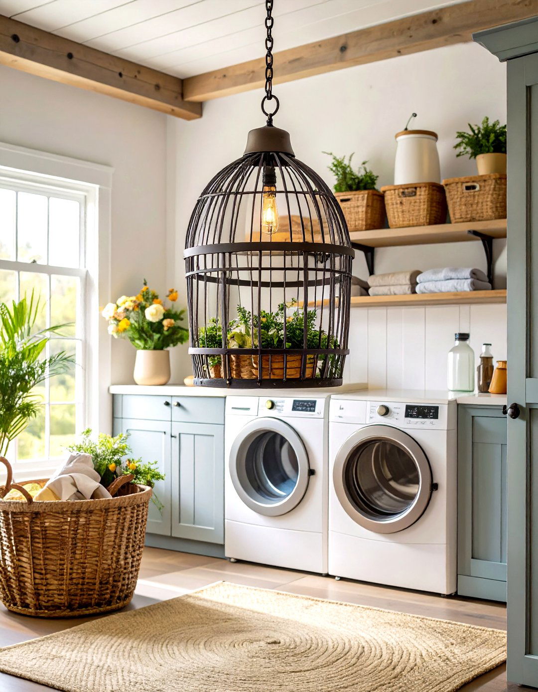 Farmhouse Chicken Wire Basket Pendants - 24 Laundry Room Lighting Ideas