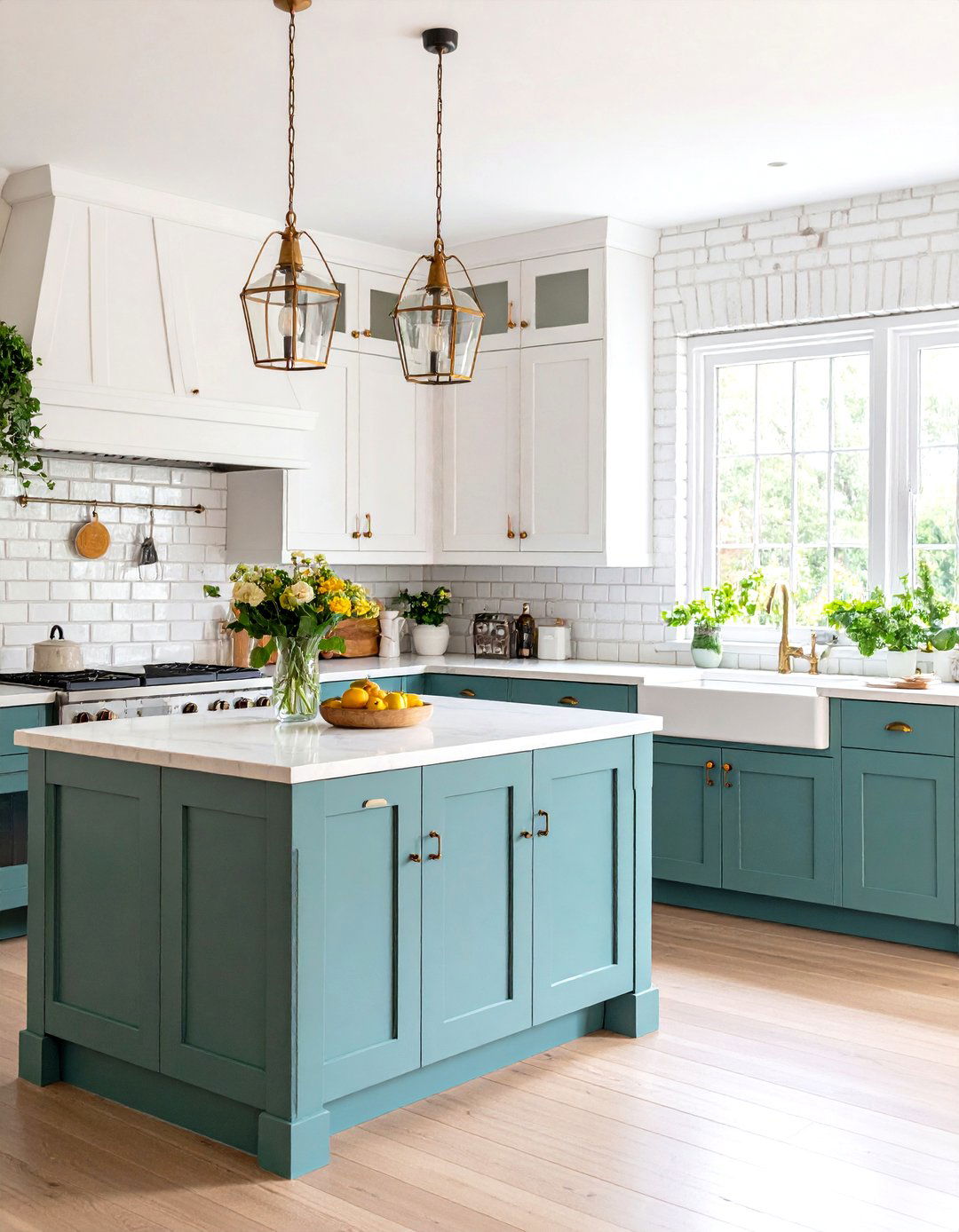 Farmhouse Kitchen with Painted Brick Backsplash - 24 Farmhouse Kitchen Ideas