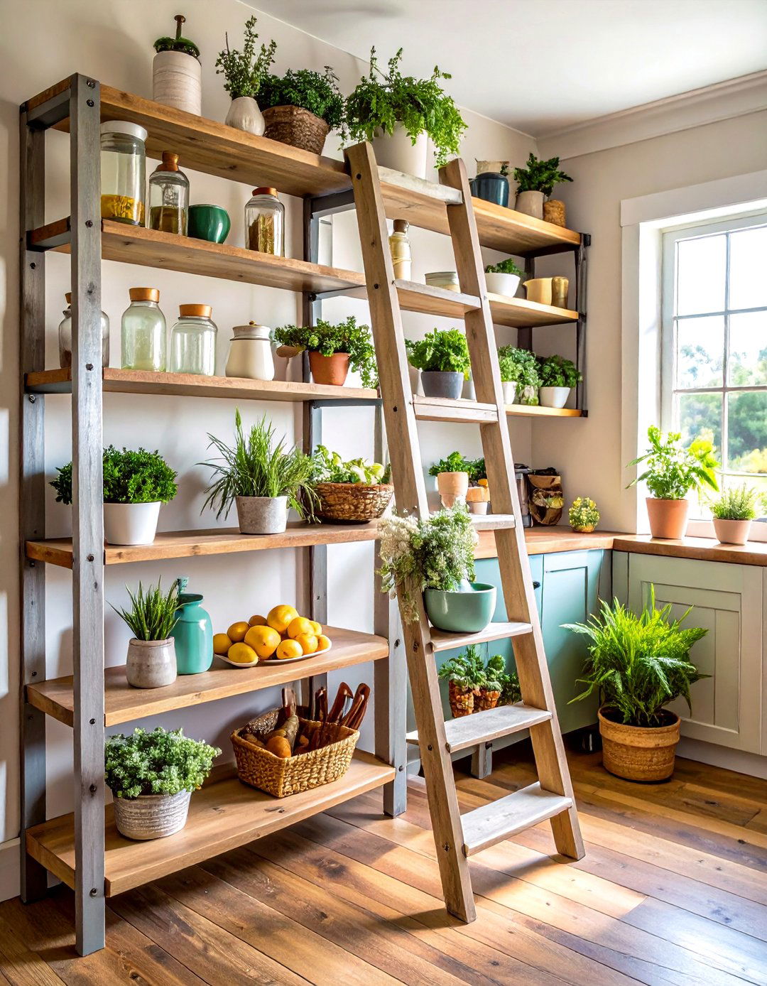 Farmhouse Ladder Shelving with Distressed Finishes - 24 Open Pantry Ideas
