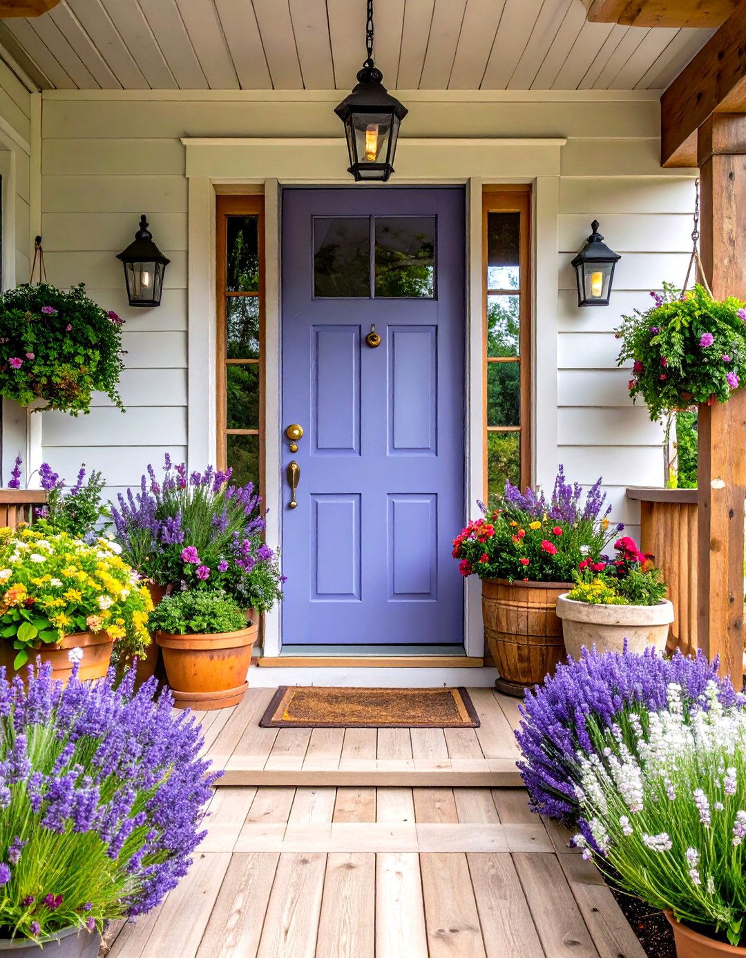 Farmhouse Lavender Door with Natural Wood Accents - 24 Lavender Front Door Ideas