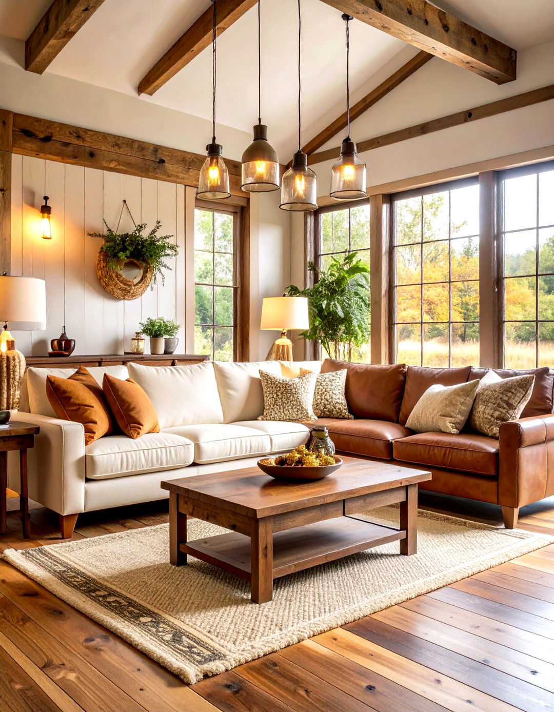 Farmhouse Linen and Leather Combination - 24 Mismatched Sofas in Living Room Ideas