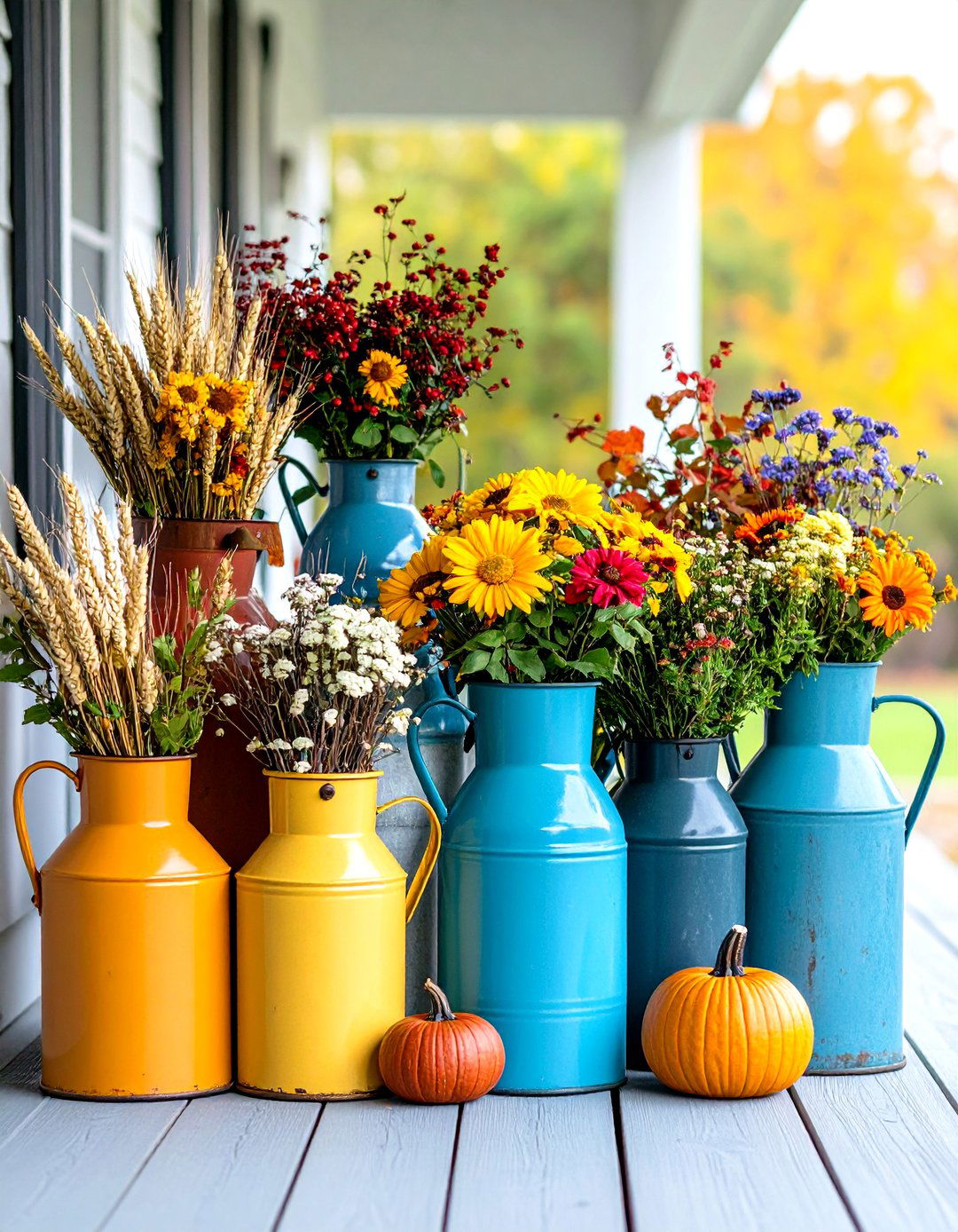 Farmhouse Milk Jug Display - 24 Fall Porch Decor Ideas