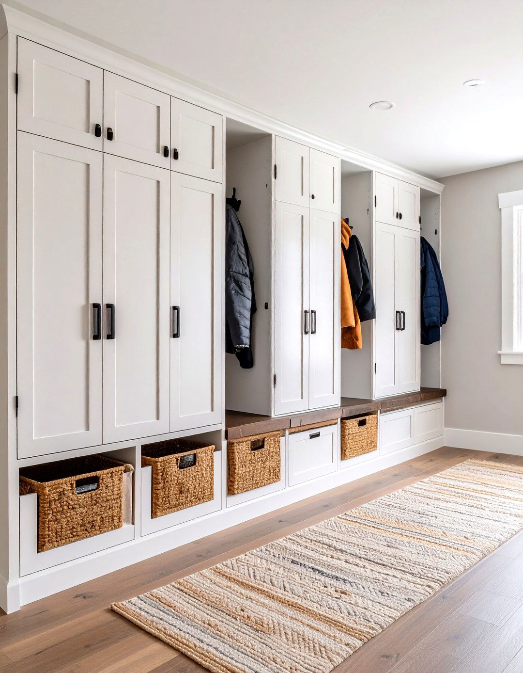 Farmhouse Mudroom Storage System - 24 Black and White Entryway Design Ideas