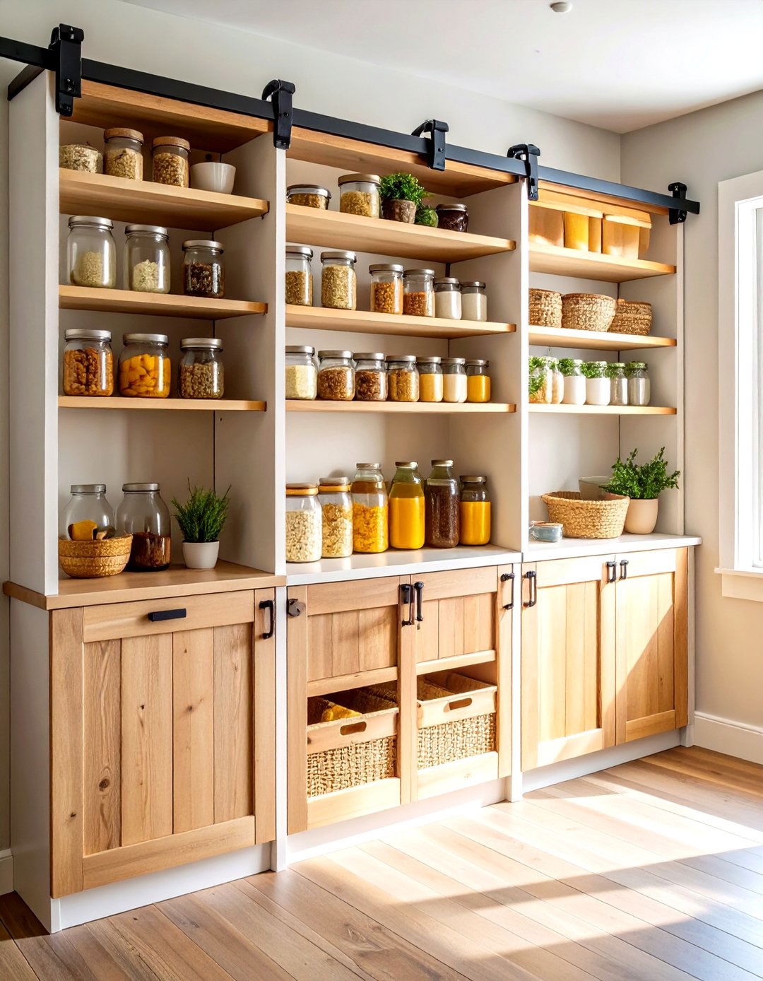Farmhouse Open Shelving with Sliding Barn Doors - 24 Open Pantry Ideas