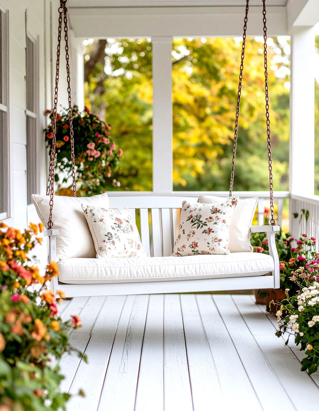 Farmhouse Porch Swing with Distressed Paint Finish - 24 Front Porch Swing Ideas
