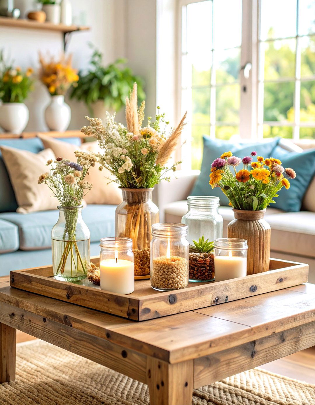 Farmhouse Rustic Coffee Table Centerpiece with Wooden Trays - 24 Coffee Table Centerpiece Ideas