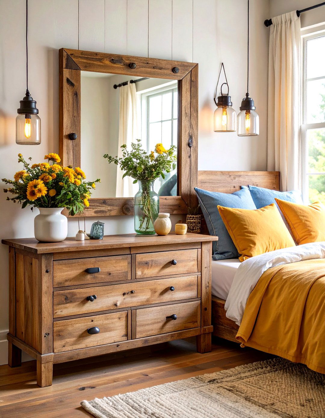 Farmhouse Rustic Wood Framed Mirror Design - 24 Mirror Behind Nightstand Design Ideas