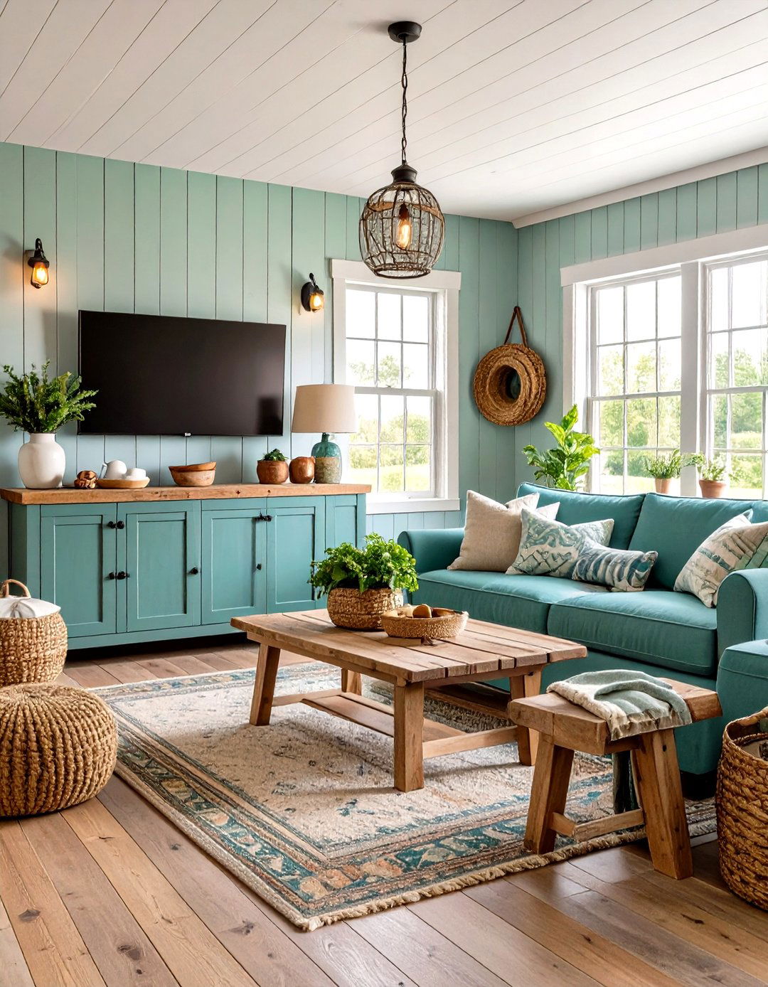 Farmhouse Rustic with Shiplap TV Wall - 24 Small Living Room Ideas With Tv and Dining Table