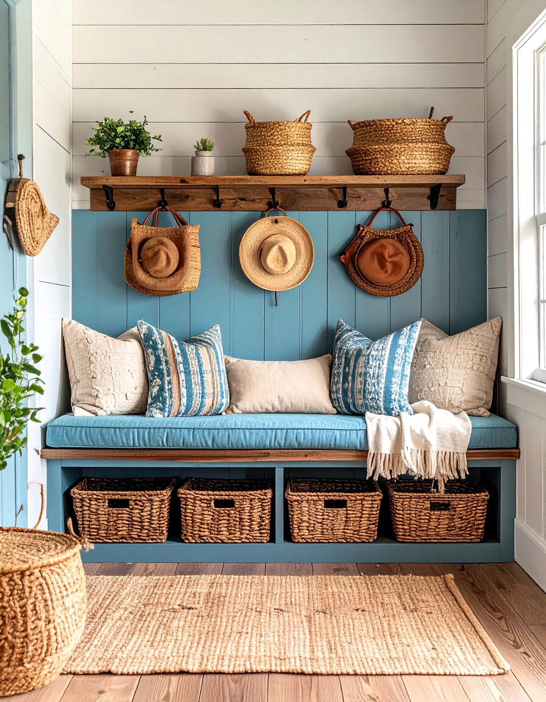 Farmhouse Shiplap Bench with Baskets - 24 Mudroom Bench Ideas