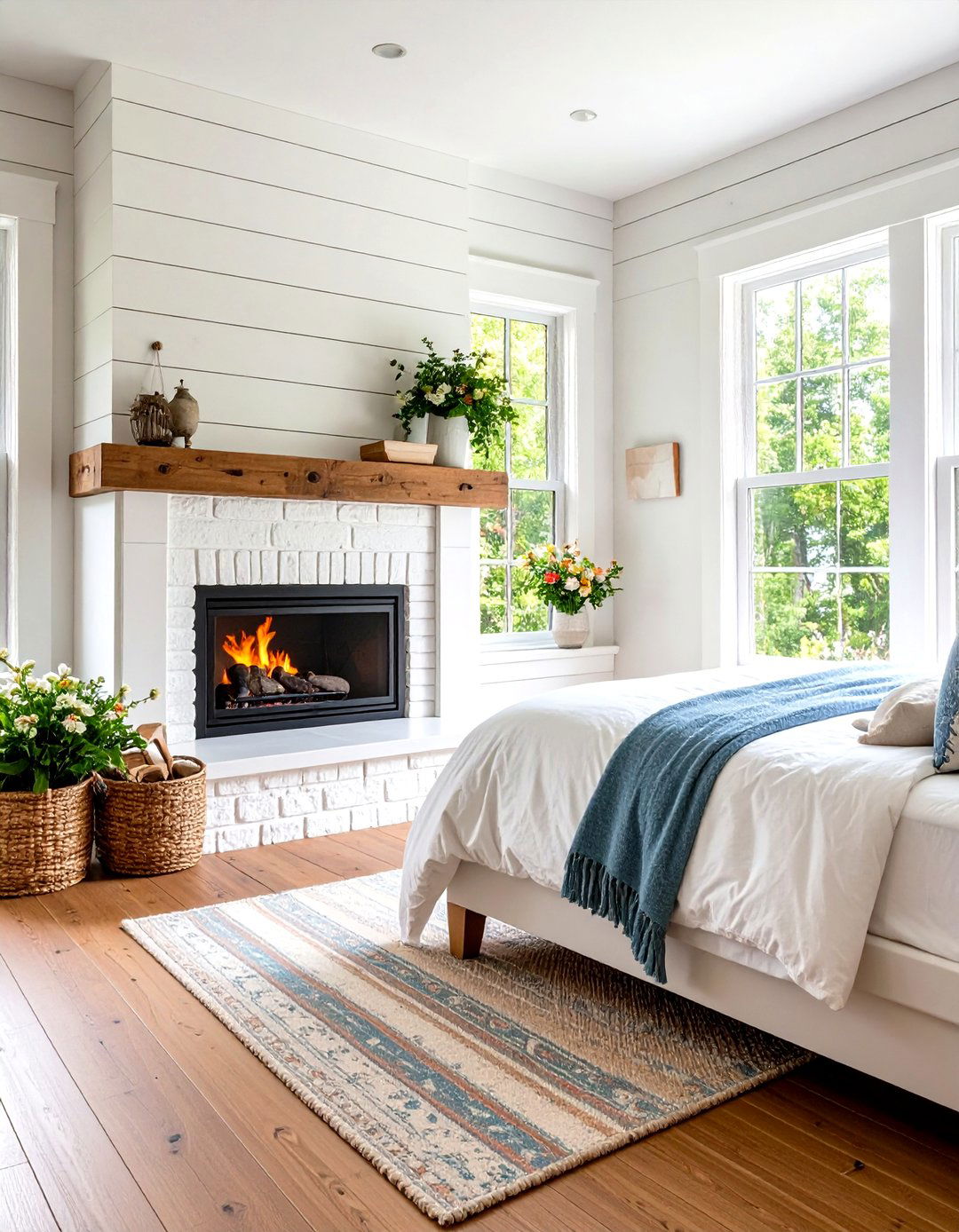 Farmhouse Shiplap Fireplace with White Brick - 24 Bedroom Fireplace Ideas