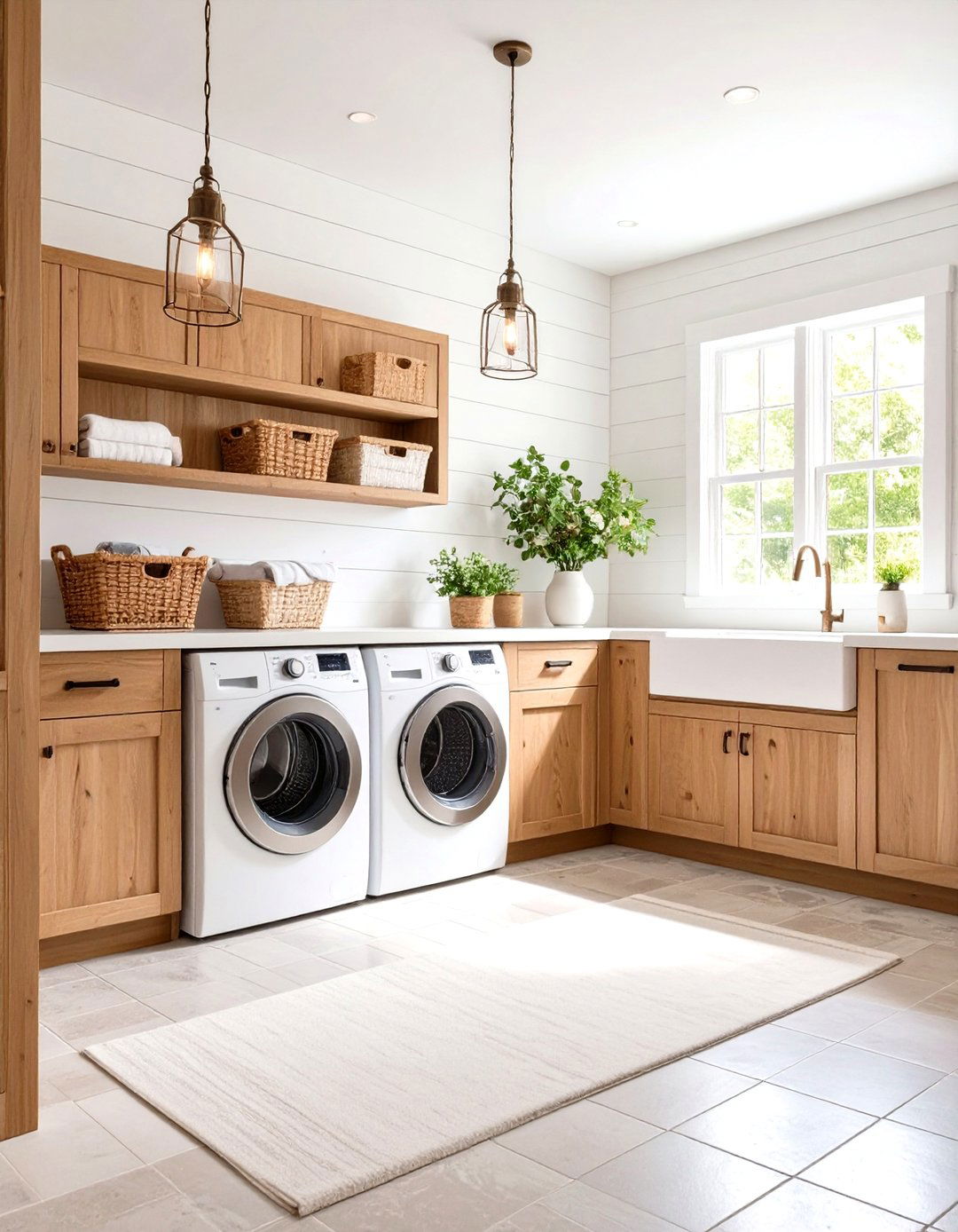 Farmhouse Stackable Laundry Nook with Shiplap Walls - 24 Stackable Laundry Room Ideas