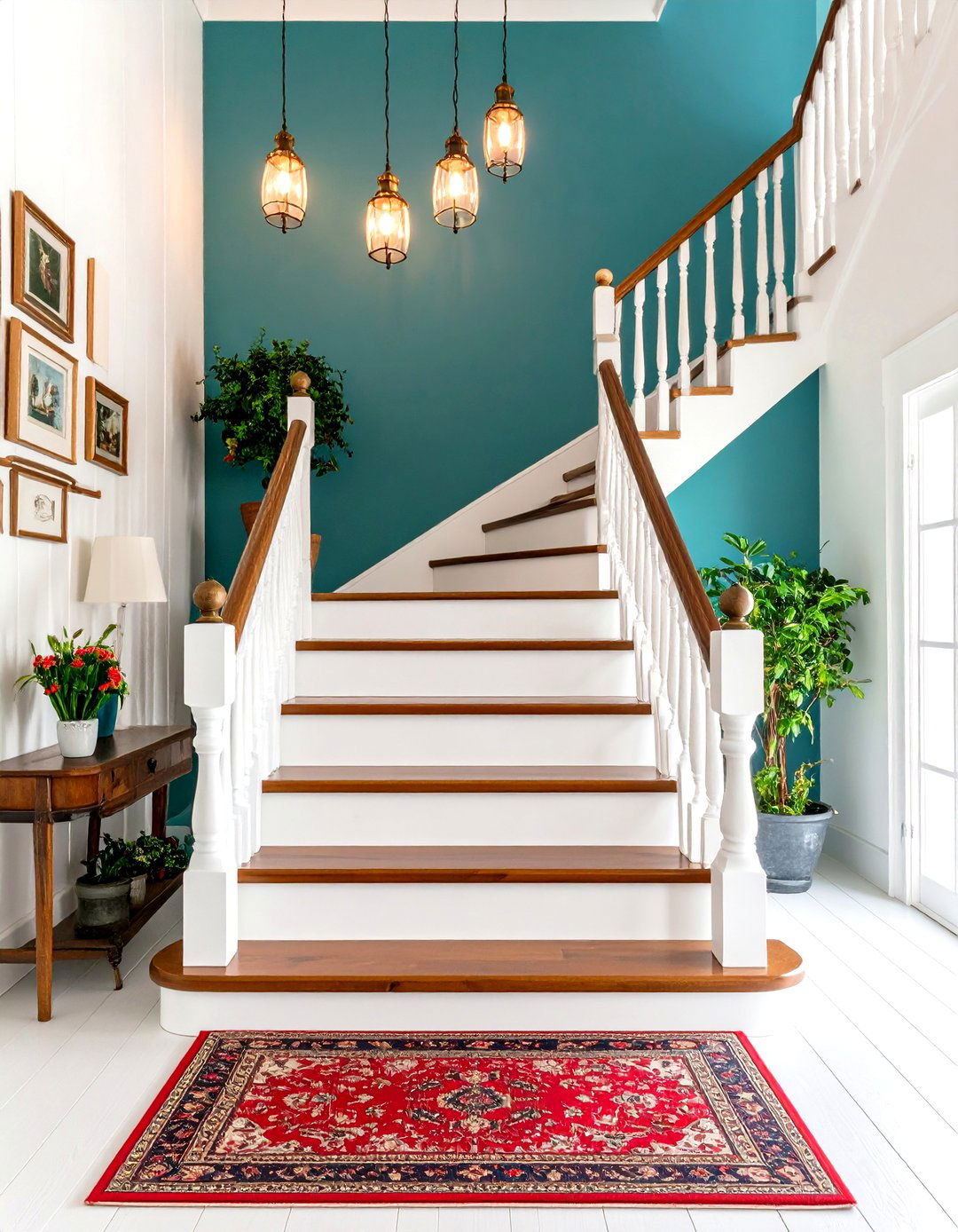 Farmhouse Staircase with Vintage Runner and Gallery Wall - 24 Farmhouse Decor Ideas