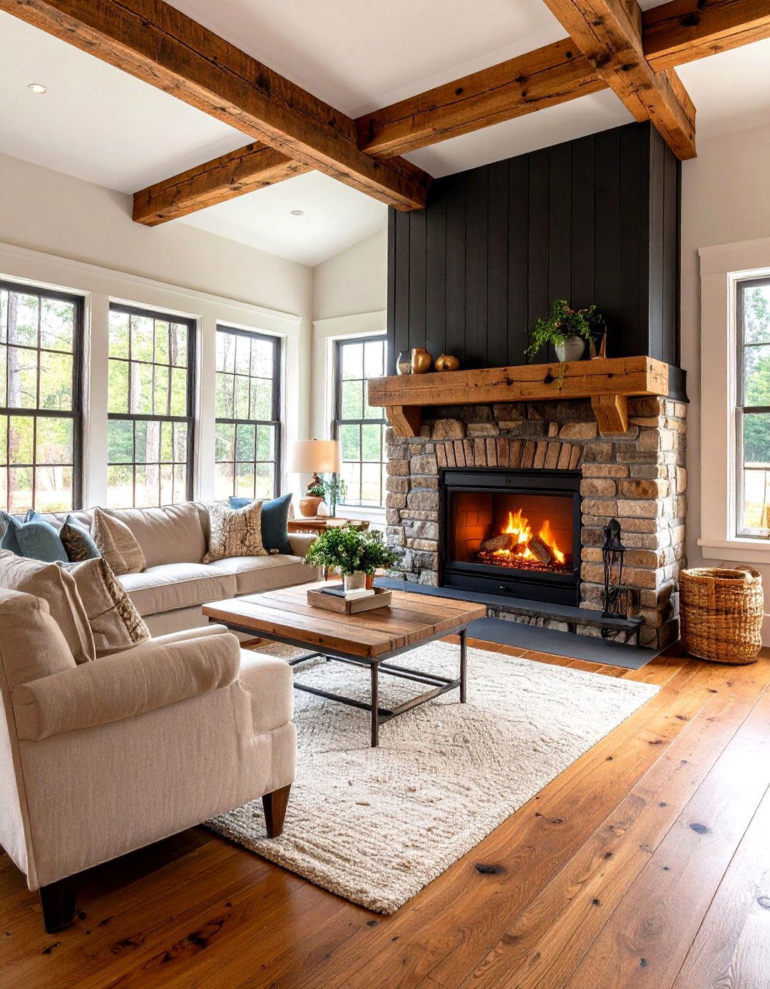 Farmhouse Style Black Shiplap with Reclaimed Wood Mantel - 24 Black Shiplap Fireplace Ideas