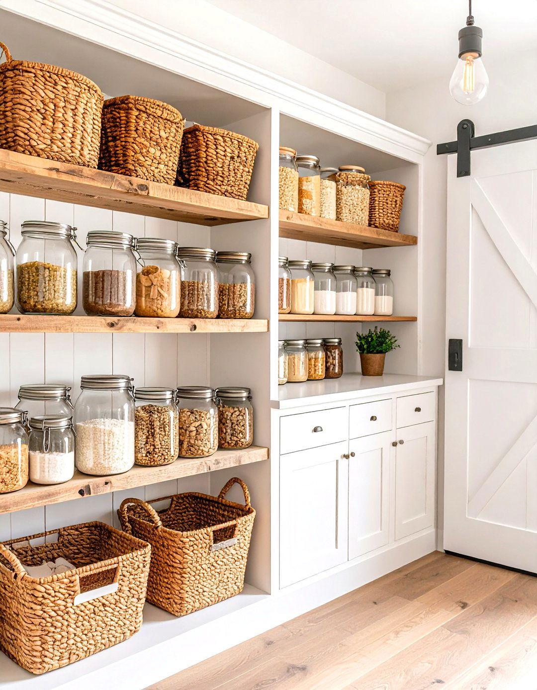 Farmhouse Walk in Pantry with Rustic Wood Shelving - 24 Walk in Pantry Ideas