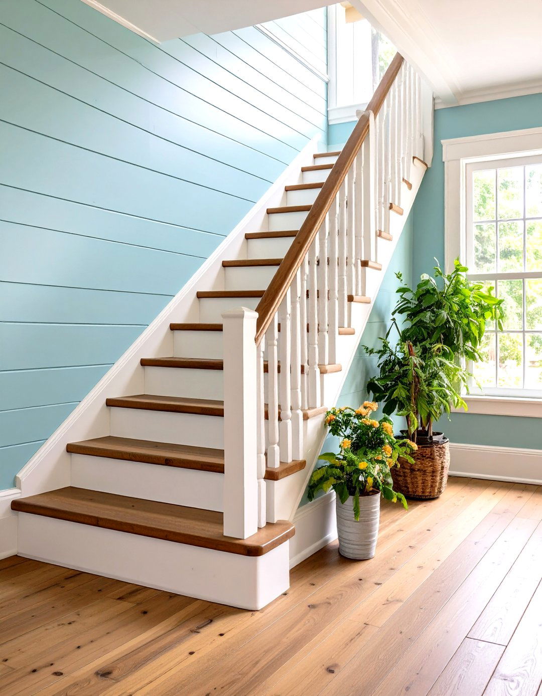 Farmhouse White Oak Staircase with Shiplap Accents - 24 White Oak Staircase Ideas
