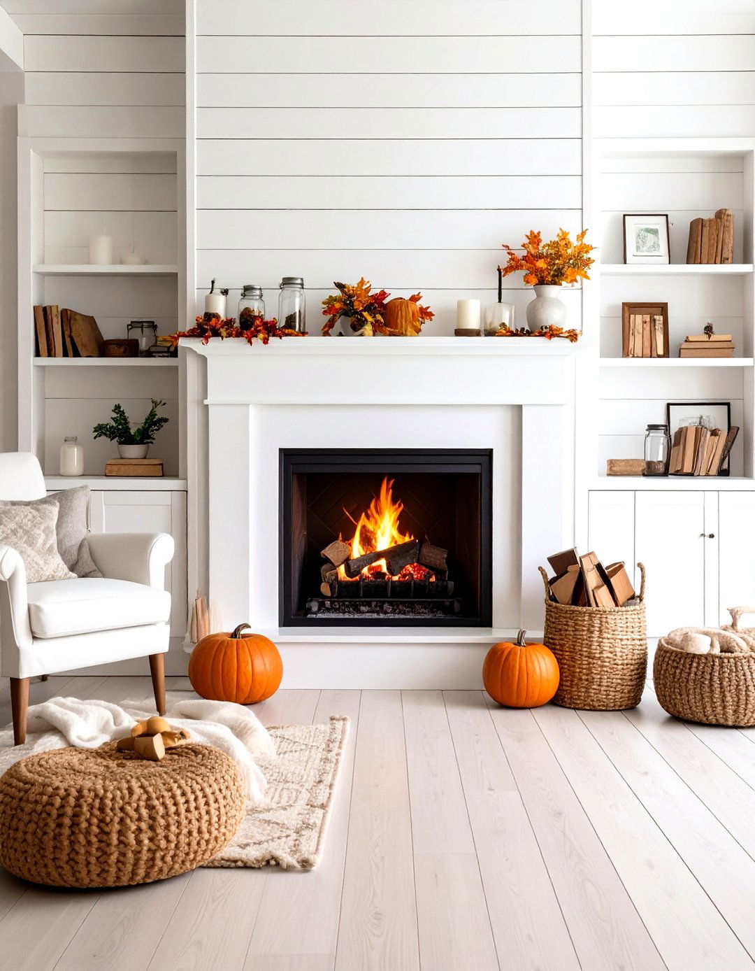 Farmhouse White Shiplap Fireplace with Reclaimed Wood Mantel - 24 Shiplap Fireplace Ideas